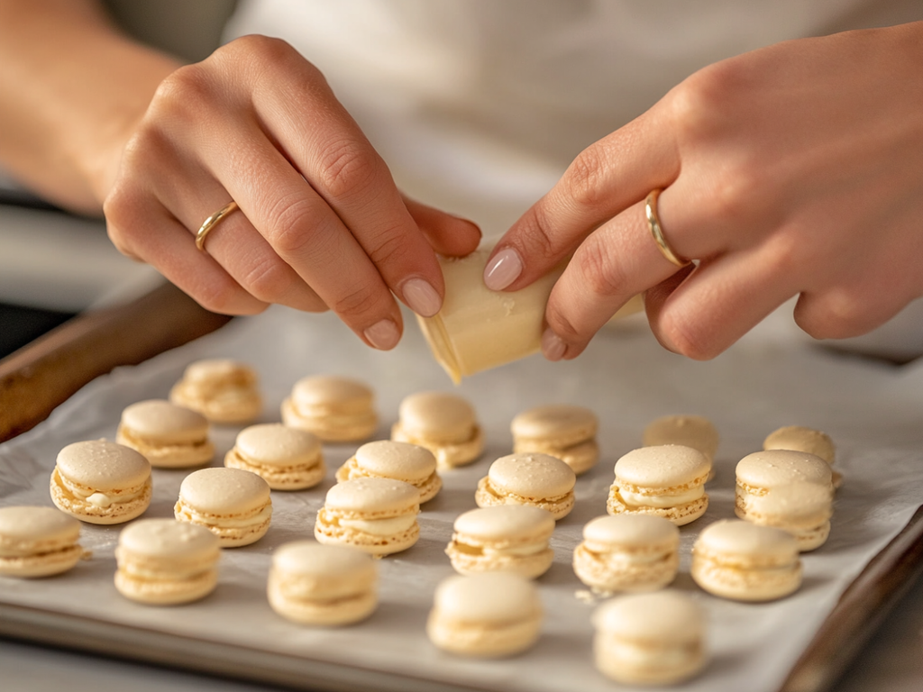 Baker piping Classic French Macaron batter onto parchment paper on a baking sheet