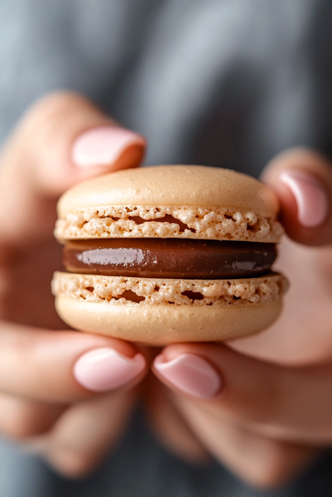 Single French Macaron held in hand showing crisp almond shell and dark chocolate ganache center