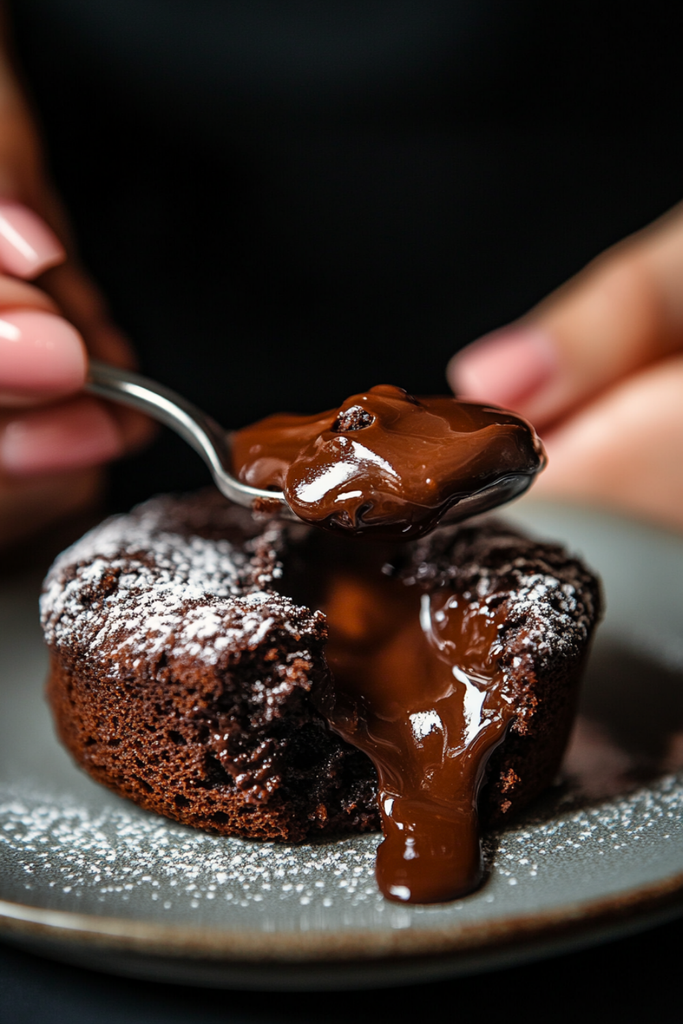 Spoon scooping into warm Decadent Chocolate Lava Cake with flowing molten chocolate