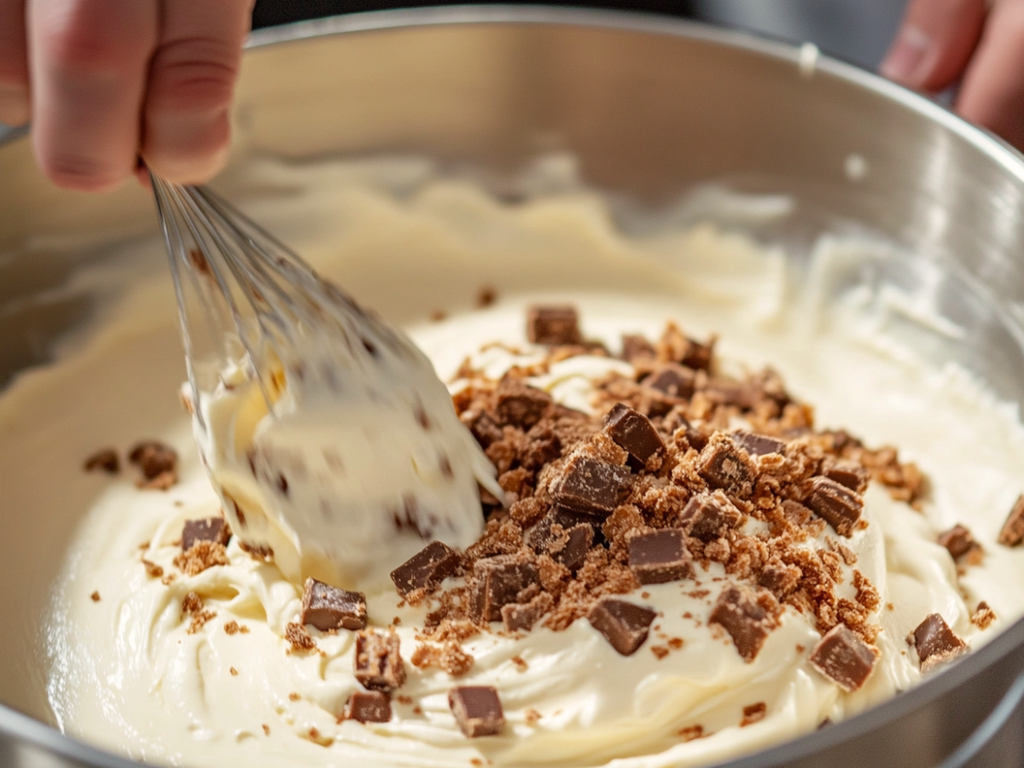 Mixing Snickers bar pieces into cream cheese filling