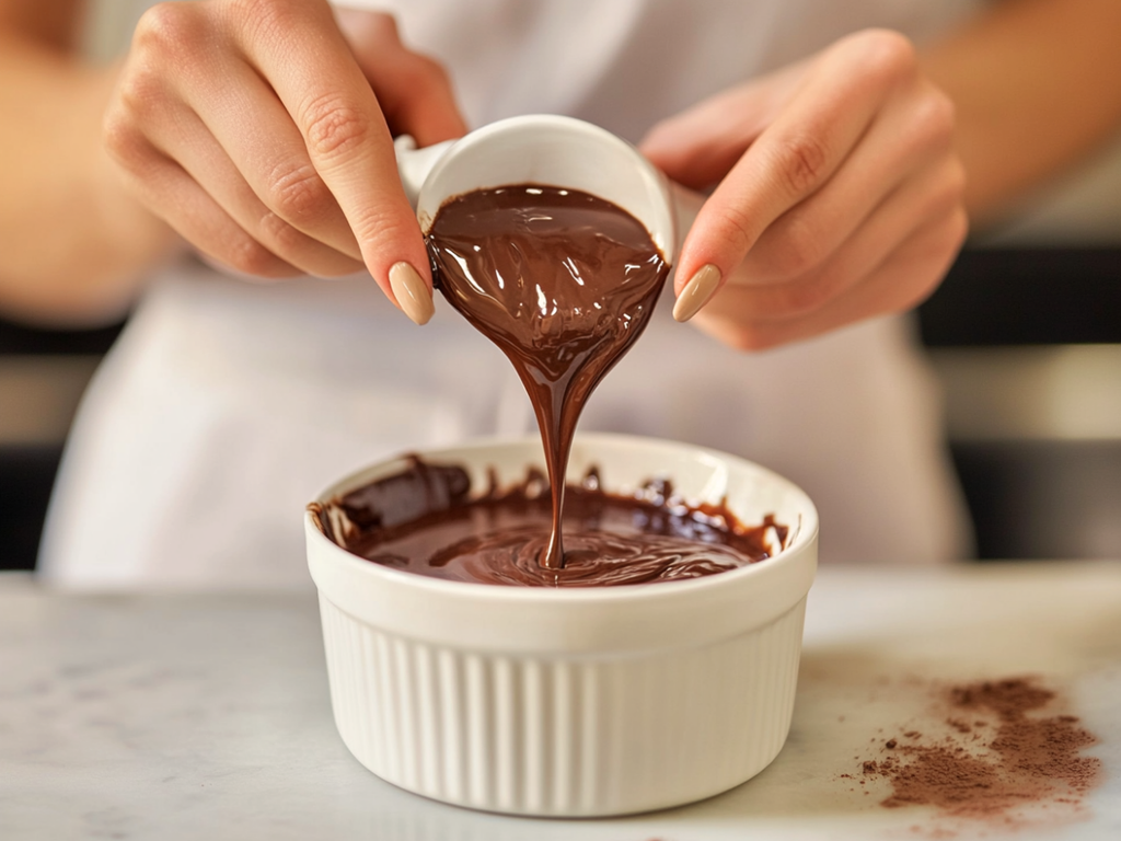 Baker pouring glossy chocolate lava cake batter into cocoa dusted ramekins