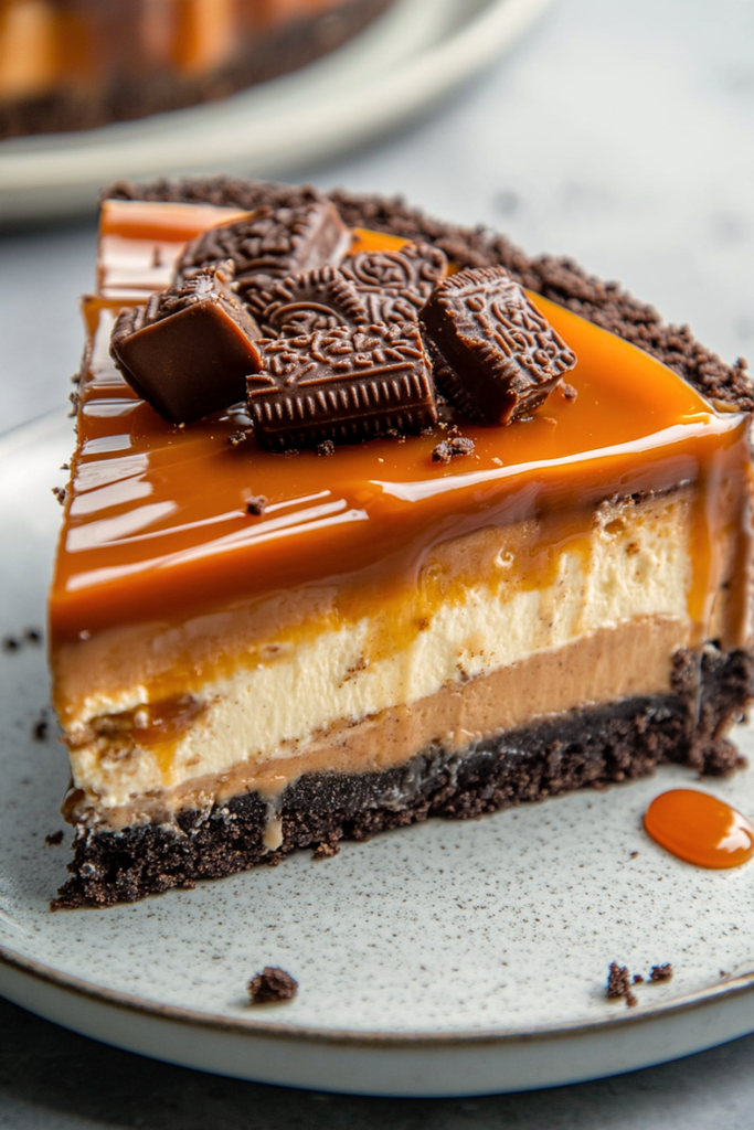 Slice of rich Snickers Cheesecake on a plate