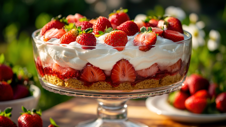 Glass dish of No-Bake Strawberry Shortcake Icebox Cake showing fresh strawberry and cream layers