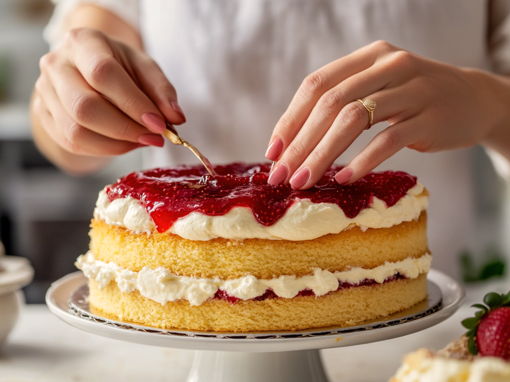 Baker spreading strawberry jam over buttercream layer on Victoria sponge cake