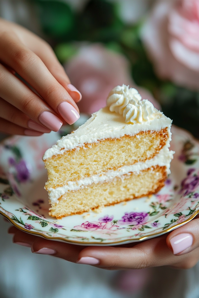Slice of Traditional British Victoria Sponge Cake showing jam and buttercream filling