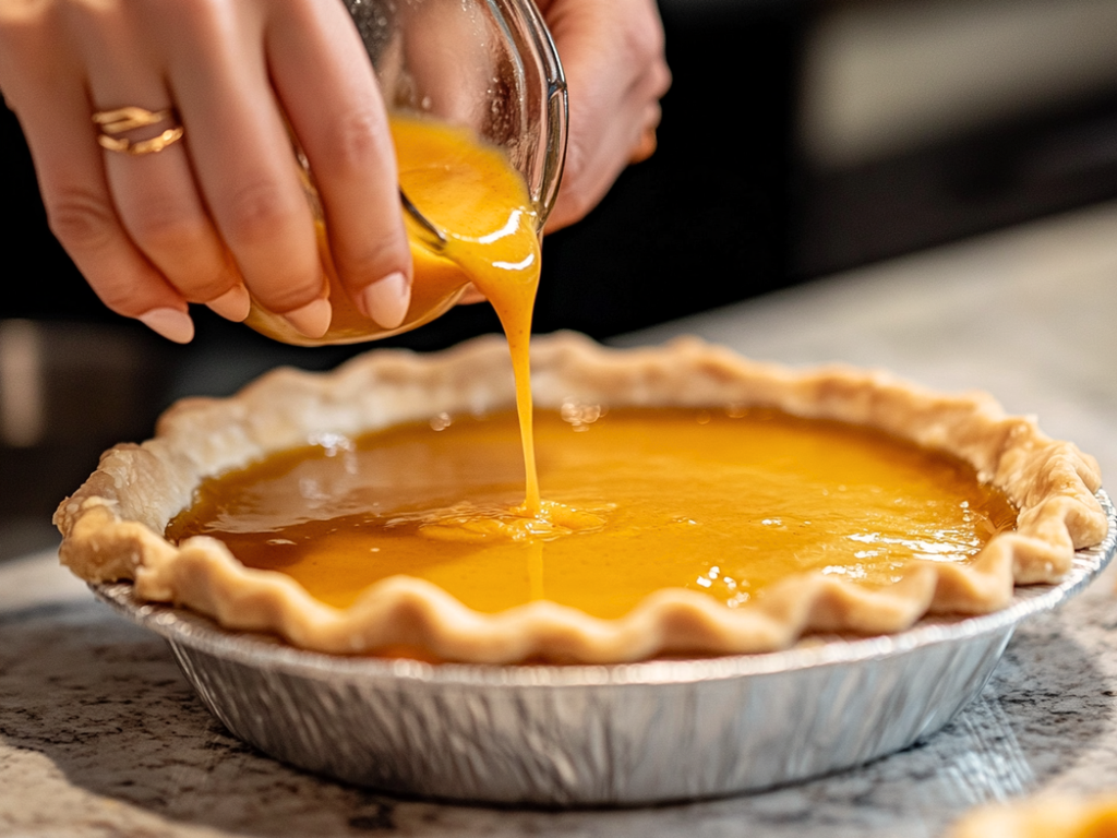 Baker pouring smooth spiced pumpkin pie filling into a par baked pie crust