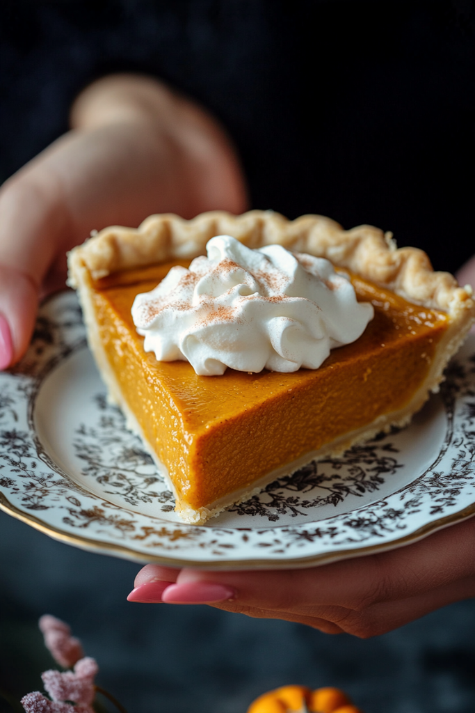 Slice of Classic American Pumpkin Pie topped with whipped cream showing silky custard filling