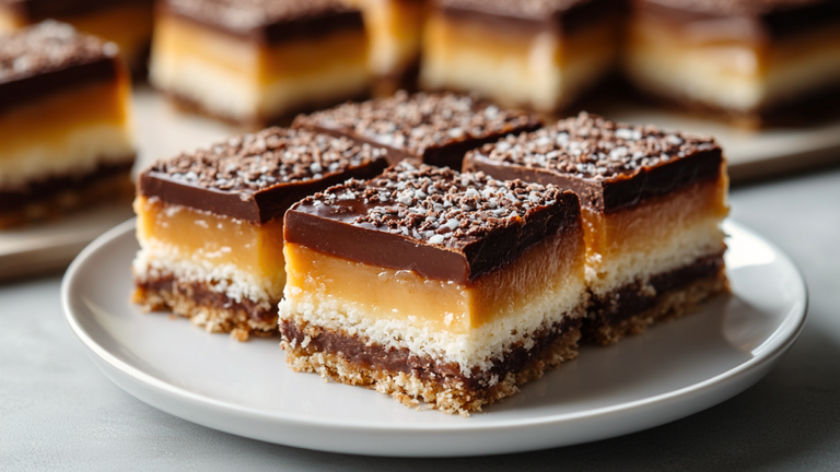 Stacked squares of Classic Australian Caramel Slice with coconut base and gooey caramel