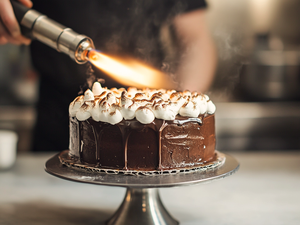 Torching marshmallow meringue frosting on cake