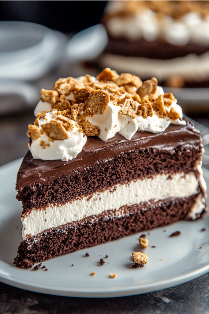 Slice of S'mores Chocolate Cake on a white plate