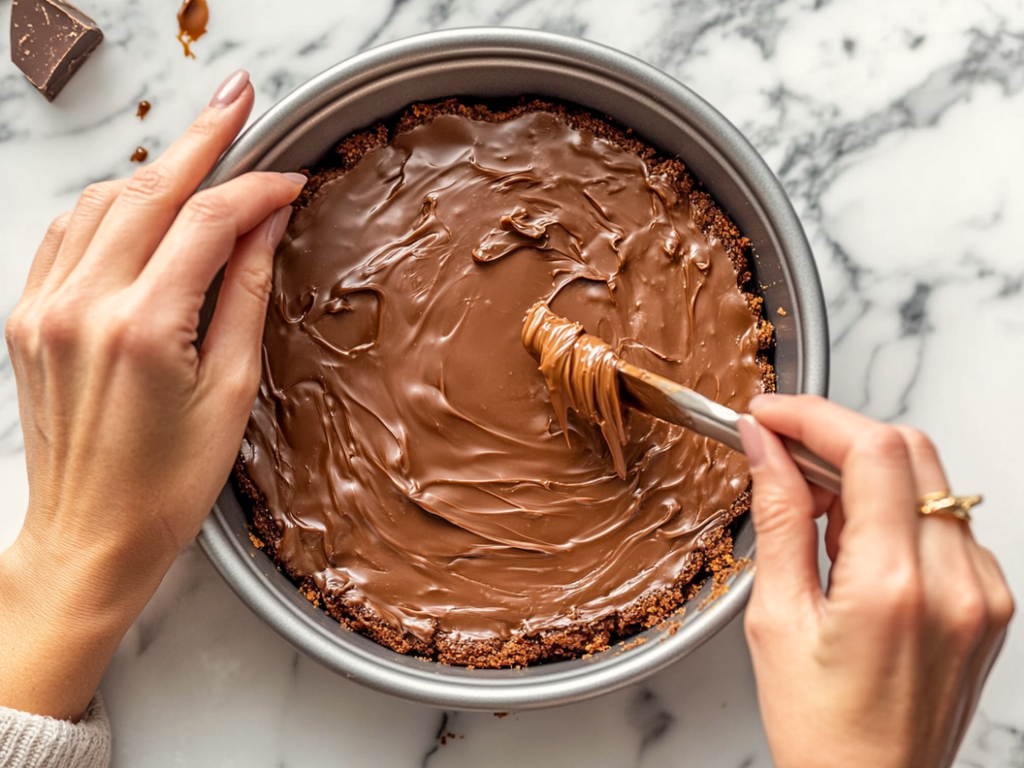Baker spreading smooth melted chocolate over golden caramel slice layer