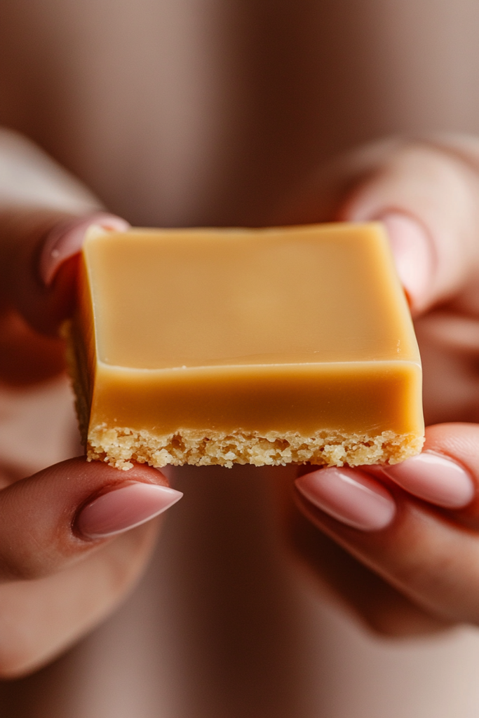 Single square of Classic Australian Caramel Slice showing gooey caramel layer and coconut base