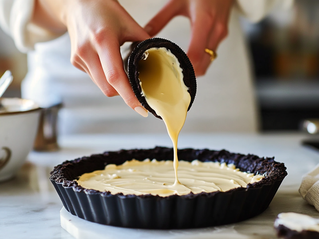 Baker pouring silky white chocolate ganache into dark Oreo tart crust