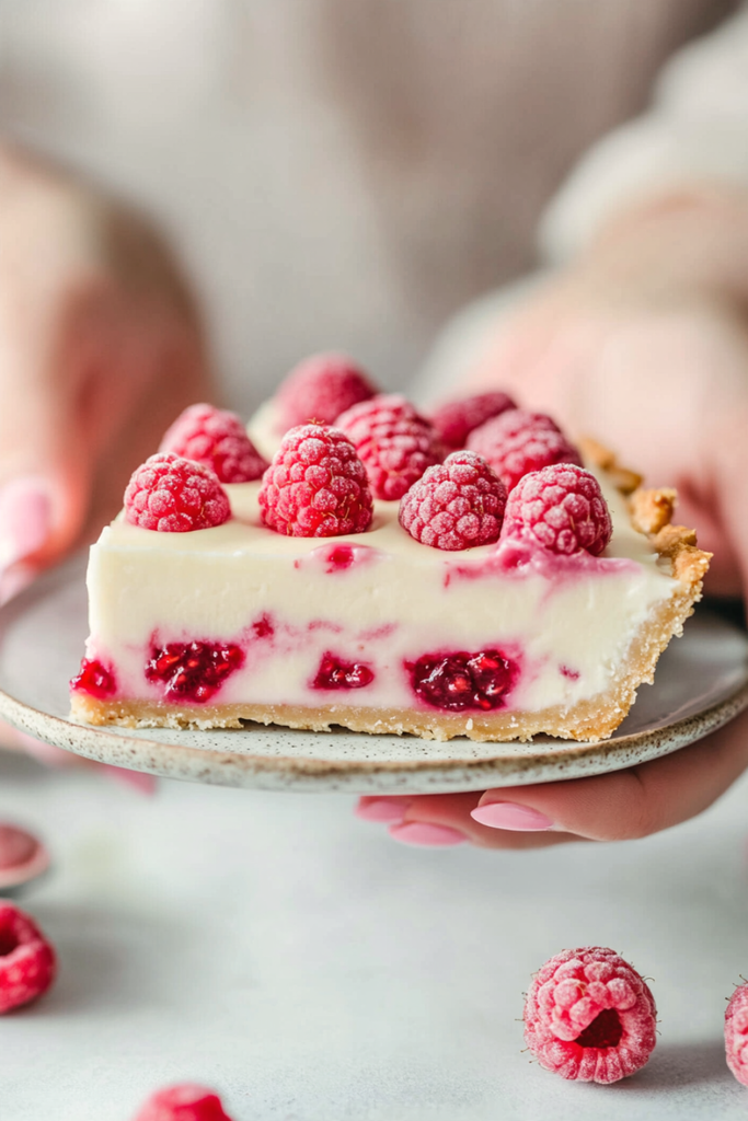 Slice of No-Bake Raspberry White Chocolate Tart showing Oreo crust and white chocolate ganache