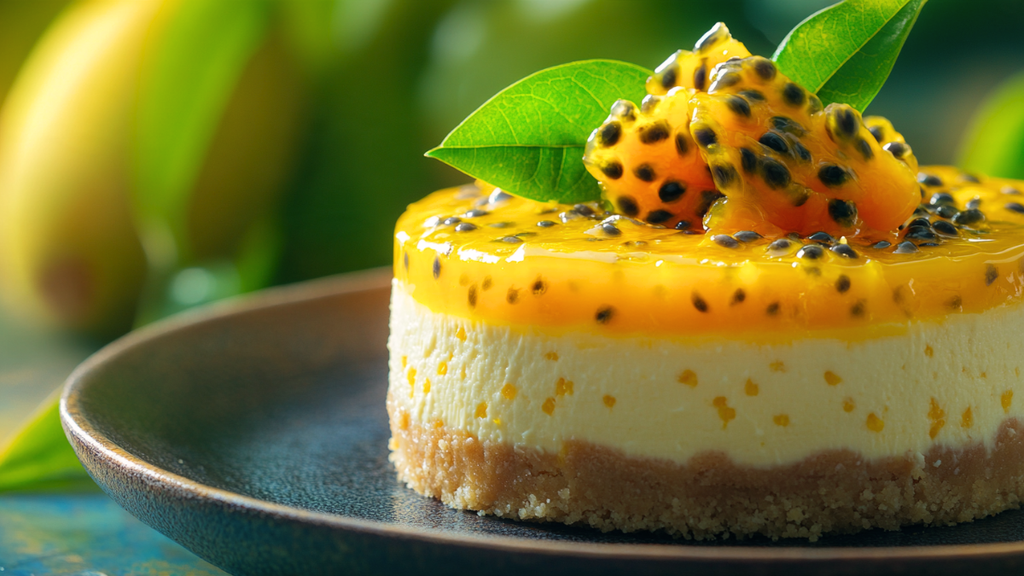 Whole No-Bake Mango Passionfruit Cheesecake with glossy passionfruit jelly top and seeds