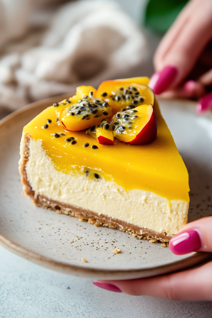 Slice of No-Bake Mango Passionfruit Cheesecake showing mango cream layer and passionfruit topping