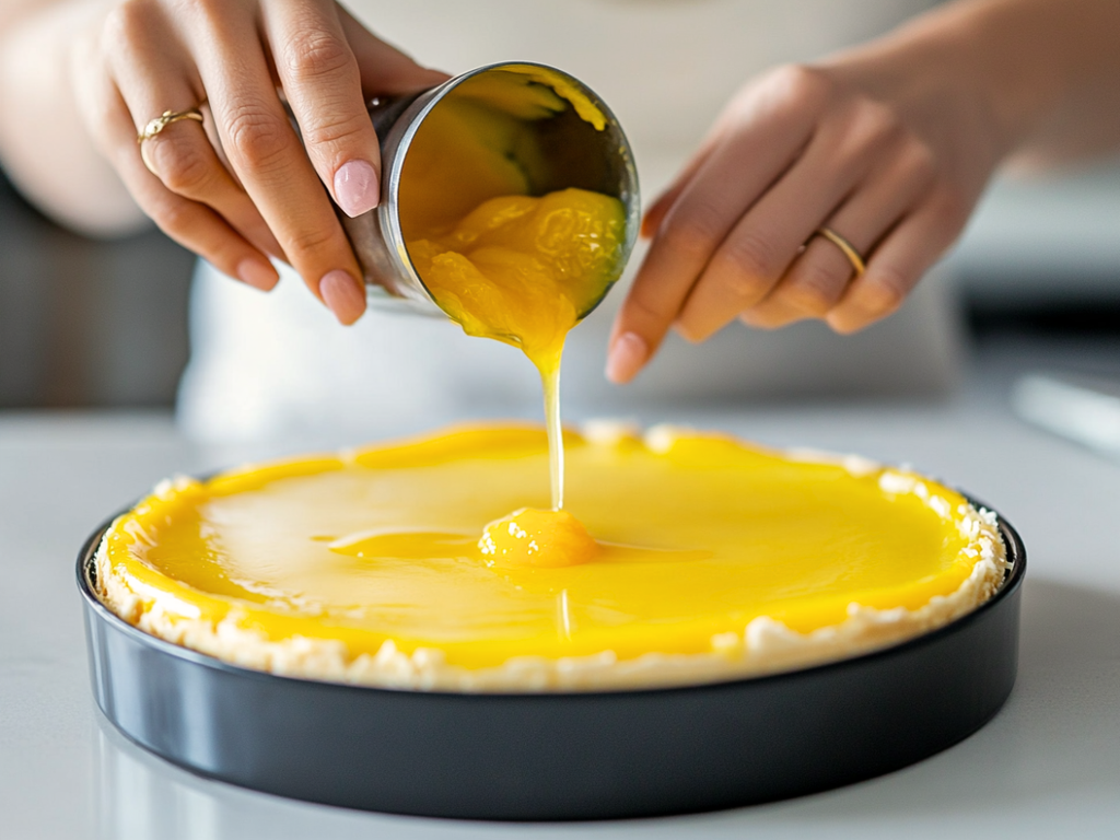 Baker pouring passionfruit jelly layer over chilled mango cheesecake