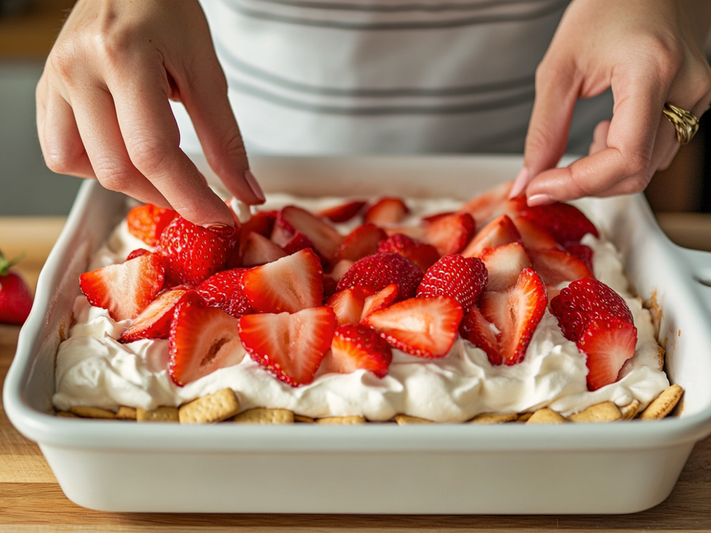 Baker layering fresh sliced strawberries over whipped cream for icebox cake