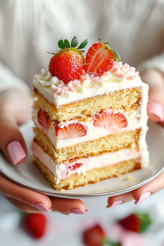 Slice of No-Bake Strawberry Shortcake Icebox Cake showing Graham cracker and strawberry layers