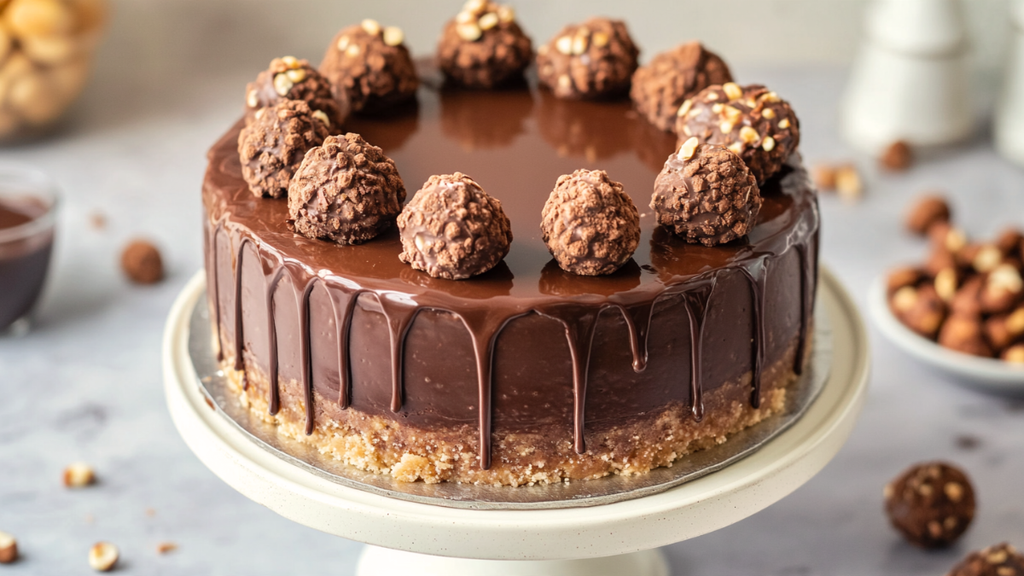 Whole No-Bake Ferrero Rocher Cheesecake with dark chocolate ganache drip