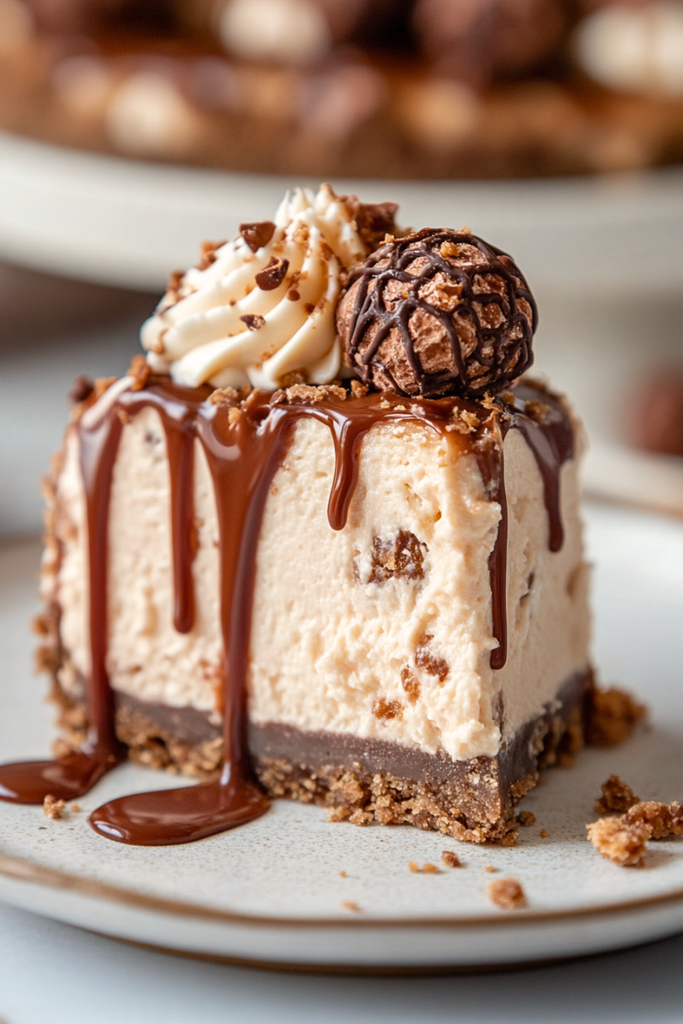 Slice of Nutella Ferrero Rocher Cheesecake on a plate