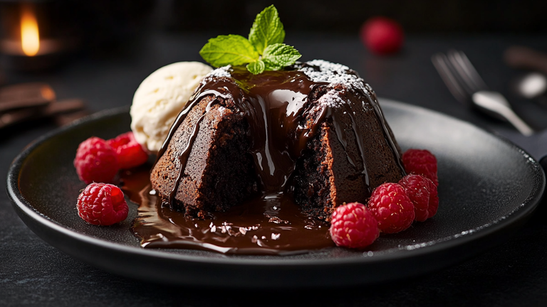 Decadent Chocolate Lava Cake on a plate with oozing molten chocolate center and vanilla ice cream