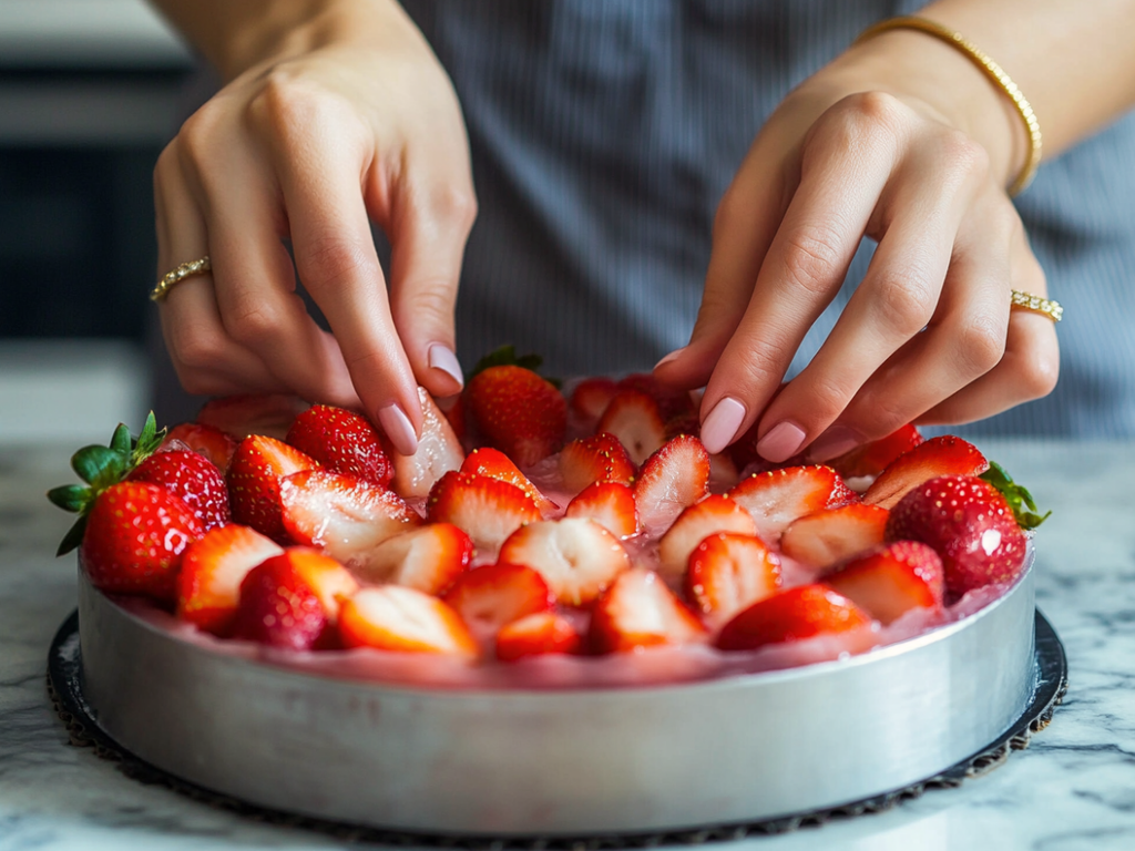Baker arranging sliced strawberries inside a cake ring for French Fraisier Cake