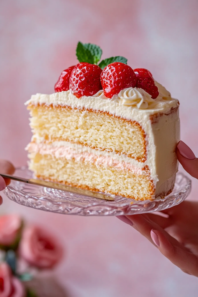 Slice of Classic French Fraisier Cake showing genoise sponge and mousseline cream layers