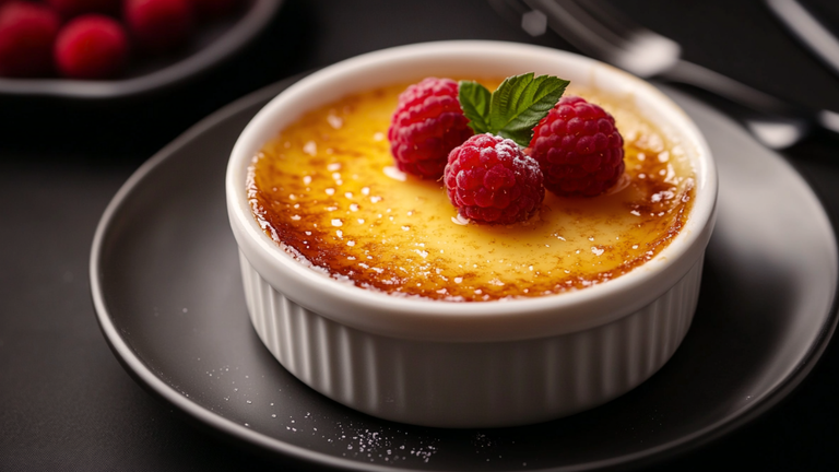 Classic French Creme Brulee with cracked caramelized sugar top and fresh raspberries