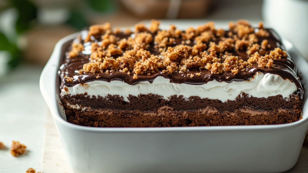 Whole Lazy Cat Cake in a ceramic dish with chocolate sponge, white cream layer, and biscuit crumble topping.