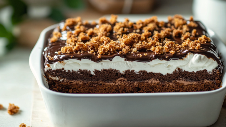 Whole Lazy Cat Cake in a ceramic dish with chocolate sponge, white cream layer, and biscuit crumble topping.