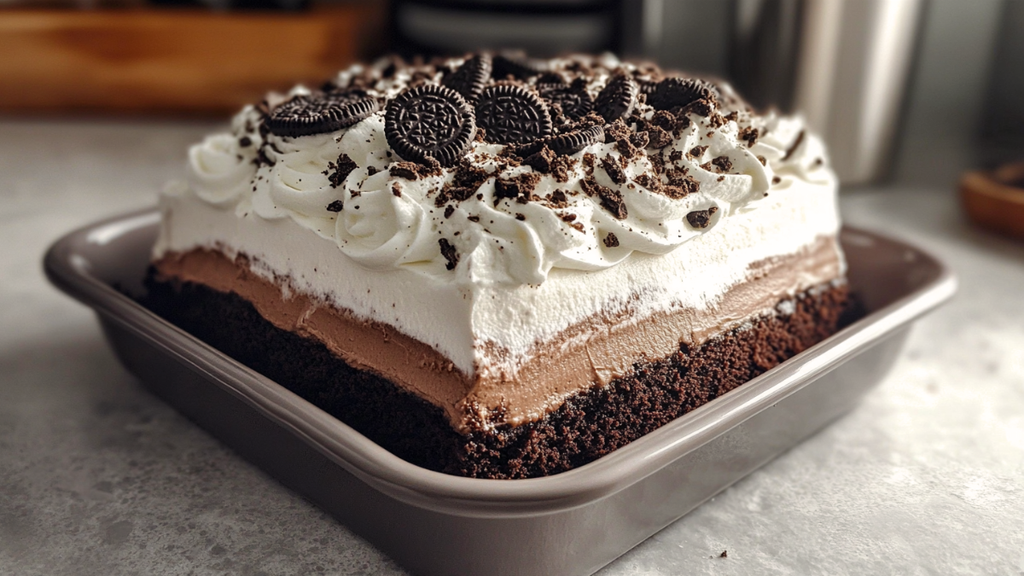 Layered Cookies and Cream Mousse Cake with chocolate brownie base, whipped cream, and crushed Oreo topping.