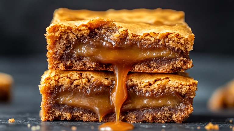Fudgy Salted Caramel Blondies stacked and pulled apart showing oozing caramel