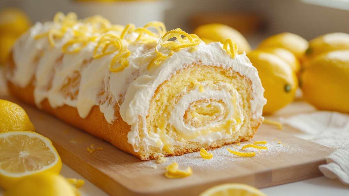 Whole Lemon Cream Swiss Roll with lemon curd drizzle and fresh lemon zest curls