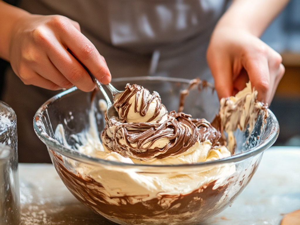 Mixing Nutella cream cheese cheesecake filling