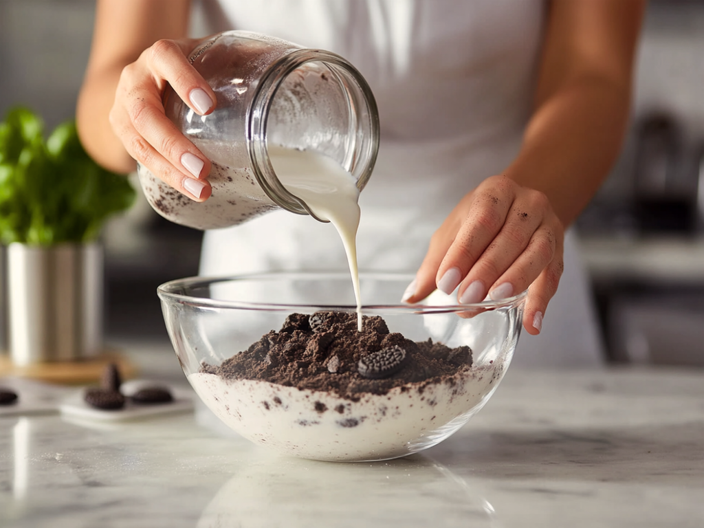 Pouring warm milk into crushed Oreo cookie powder to make batter