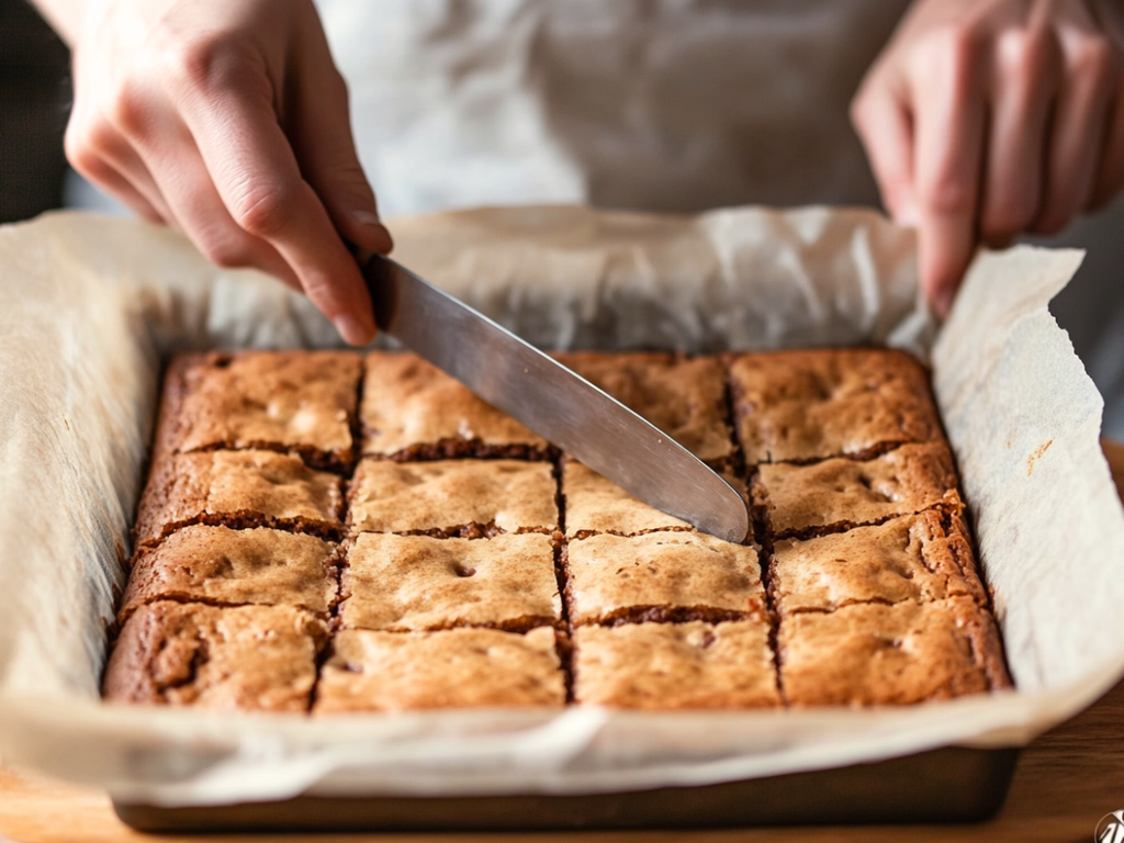 Slicing freshly baked salted caramel pretzel blondies in a pan