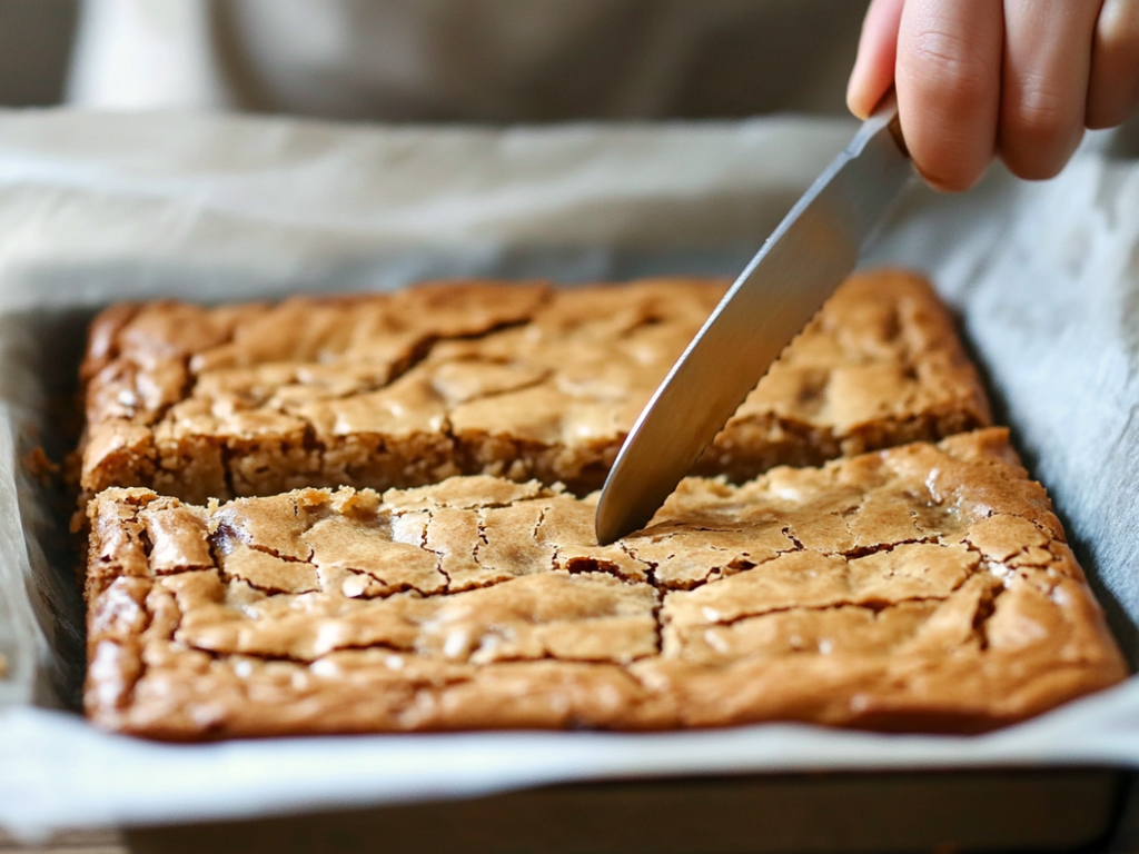 Square slice of Fudgy Salted Caramel Blondie with flaky sea salt