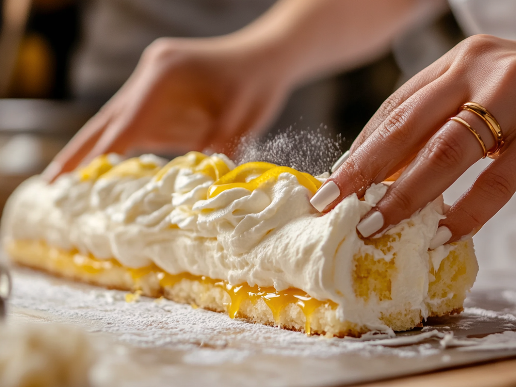 Baker spreading whipped cream and lemon curd over sponge cake before rolling