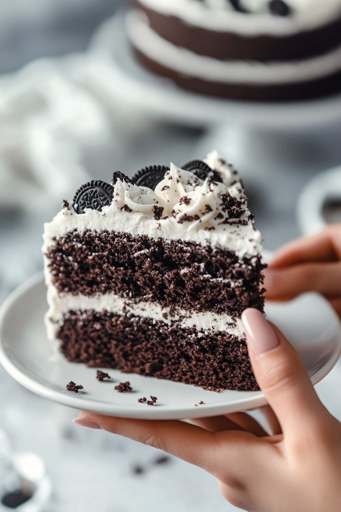Slice of eggless flourless 3-Ingredient Oreo Cake on a plate