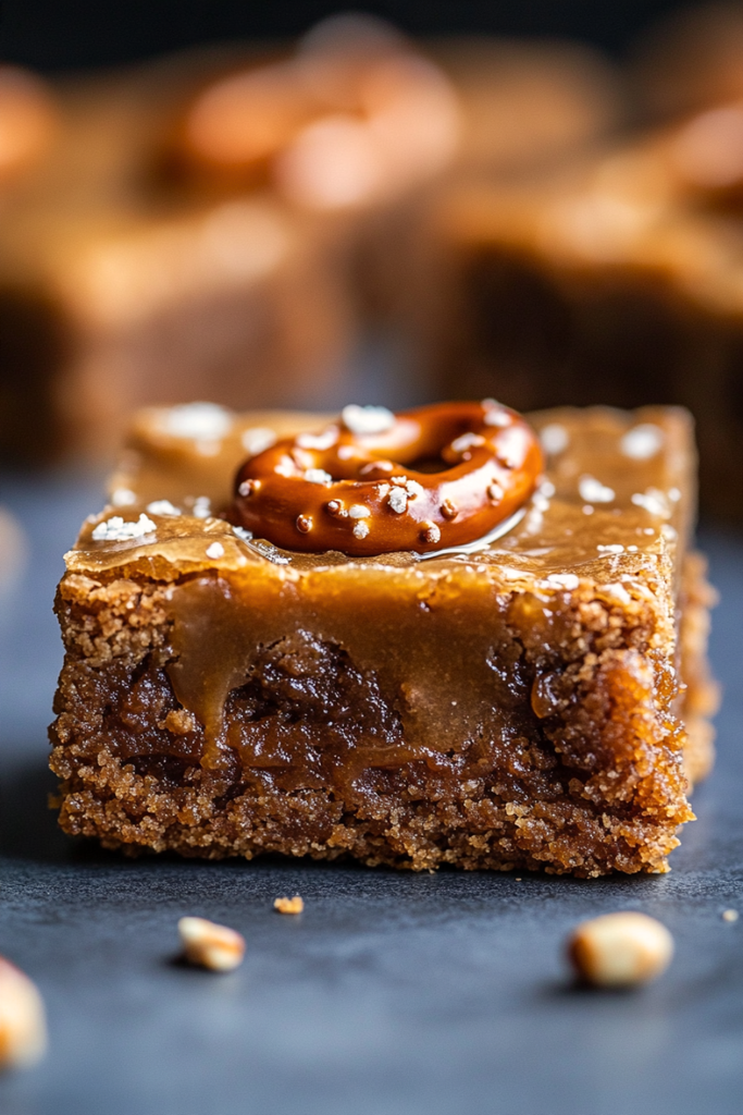 Square slice of Salted Caramel Pretzel Blondie with flaky sea salt
