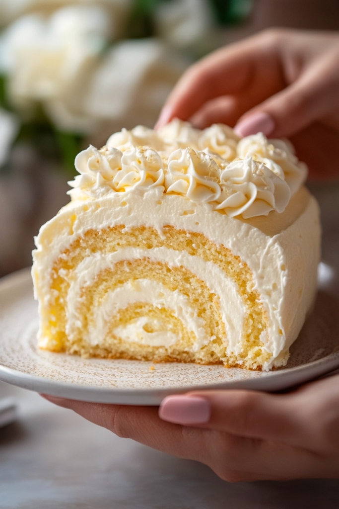 Slice of Lemon Cream Swiss Roll showing tight spiral pattern filled with lemon curd and cream