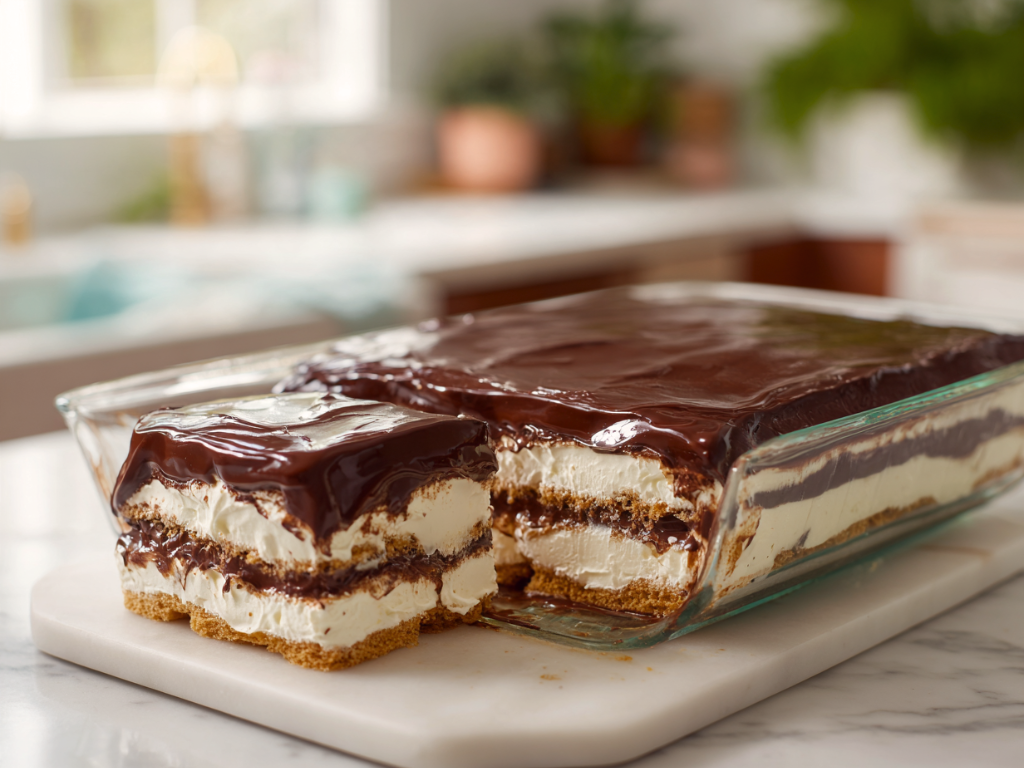 Chocolate eclair cake with vanilla custard layers and glossy chocolate glaze in a glass baking dish