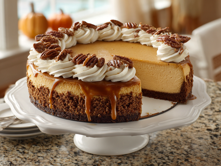 Creamy pumpkin cheesecake with gingersnap crust, whipped cream and caramel drizzle on a white cake stand