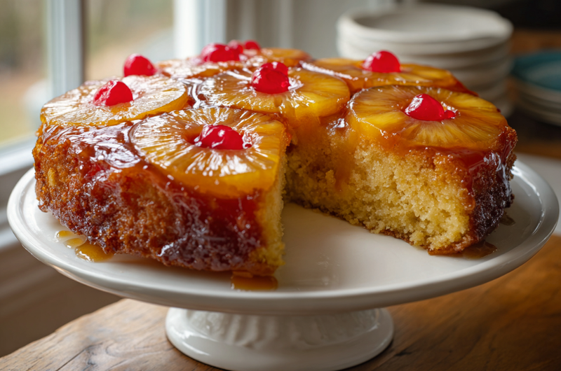 Pineapple upside down cake with caramelized pineapple rings and cherries on a white cake stand