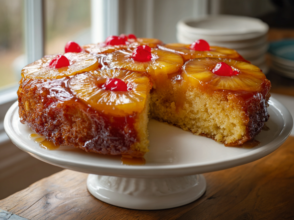 Pineapple upside down cake with caramelized pineapple rings and cherries on a white cake stand