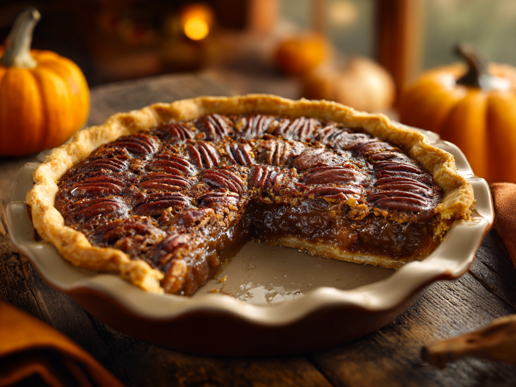 Southern pecan pie with gooey caramel filling and toasted pecans in a golden flaky crust