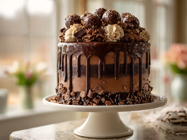 Chocolate overload drip cake with glossy ganache drips and chocolate truffles on a white cake stand