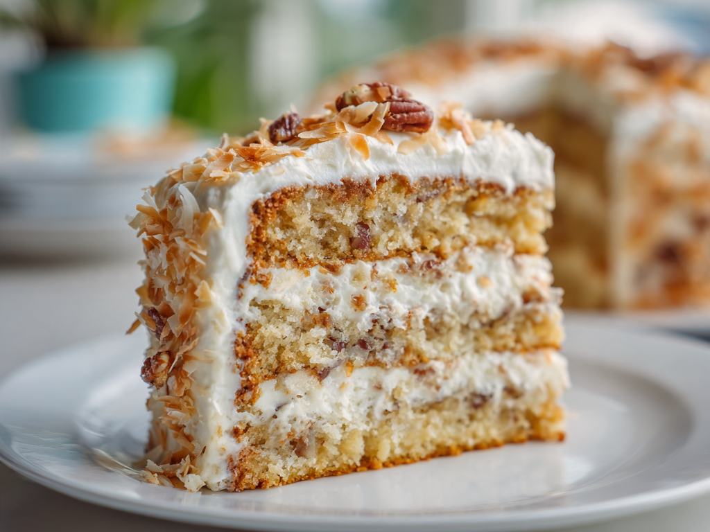 Slice of Italian cream cake showing coconut and pecan layers with cream cheese frosting