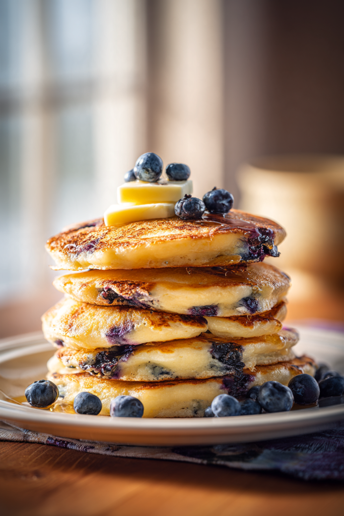 Pinterest pin of an easy fluffy blueberry pancakes recipe with buttermilk and maple syrup